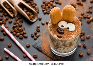 Easter Bunny Cake Tiramisu Dessert For Children. Funny Traditional Italian Dessert Serving, Creative Idea Holiday Sweet Food For Kids Selective Focuse