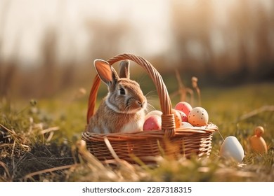 Easter bunny and Easter eggs on green grass field - Powered by Shutterstock