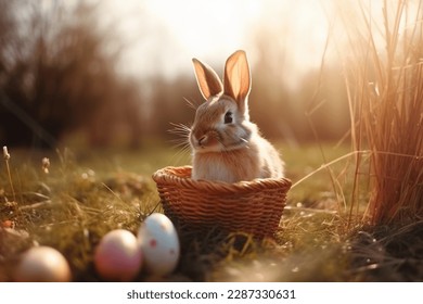 Easter bunny and Easter eggs on green grass field. - Powered by Shutterstock