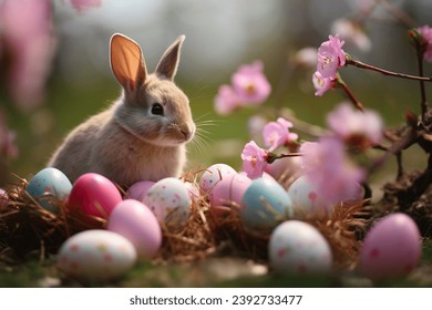 Easter bunny and Easter eggs on green grass  - Powered by Shutterstock