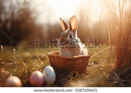 Easter bunny and Easter eggs on green grass field.