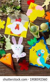 Easter Bunny, Easter Eggs And Other Spring Festive Childrens Paper Craft. Handmade. Project Of Childrens Creativity, Handicrafts, Crafts For Kids.