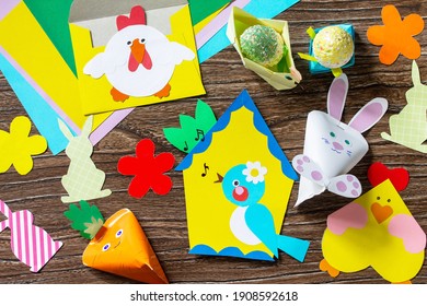 Easter Bunny, Easter Eggs And Other Spring Festive Childrens Paper Craft. Handmade. Project Of Childrens Creativity, Handicrafts, Crafts For Kids.