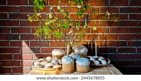 Easter bunny hunt. Spring holiday at Sunday. Eastertide and Eastertime. Good Friday. Hunting eggs. Easter composition on brick background. Happy Easter holiday celebration at home. Easter blessings.