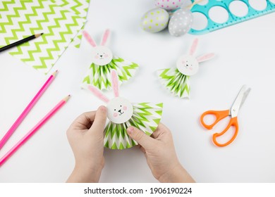 Easter Bunny Out Of Paper. DIY Step By Step. Crafts Concept For Kids.