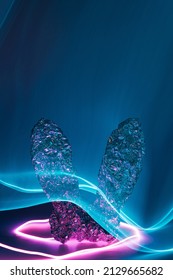Easter bunny rabbit ears with pink and blue neon lights. Cyberpunk industrial background.
