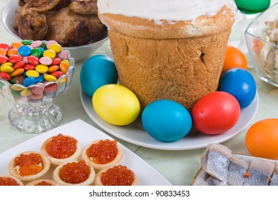 Easter cake, eggs, and a festive table