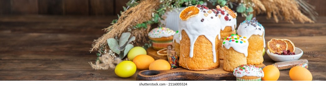 Easter Cake Sweet Bread Colored Decoration Homemade Baking Easter Dessert Treat Celebratory Holiday Orthodox Christians Easter Treat Healthy Meal Food Snack On The Table Copy Space Food Background 