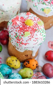 Easter Cakes, Eggs. Easter Baked Goods And Eggs. Spring Holiday. Colored Quail Eggs. Happy Easter