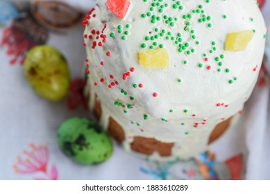 Easter Cakes, Eggs. Easter Baked Goods And Eggs. Spring Holiday. Colored Quail Eggs. Happy Easter