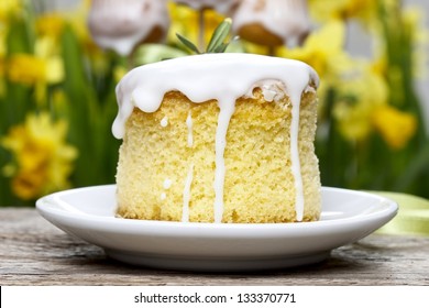 Easter cakes, yellow daffodils in the background