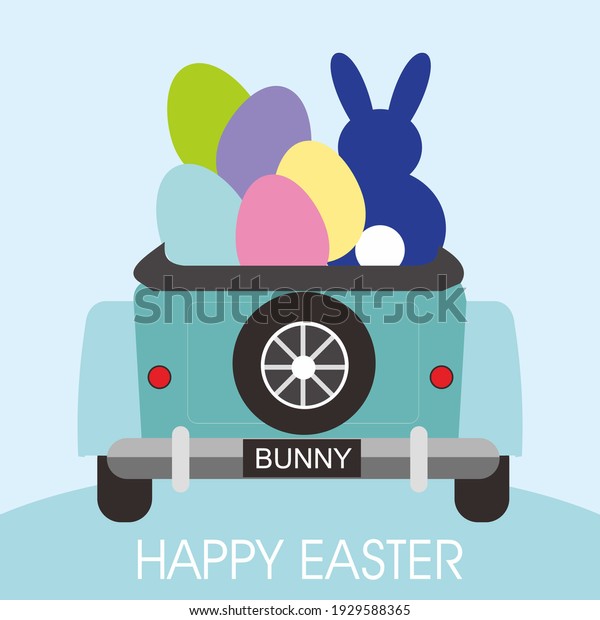 Easter car,\
egg and bunny for easter greeting\
card