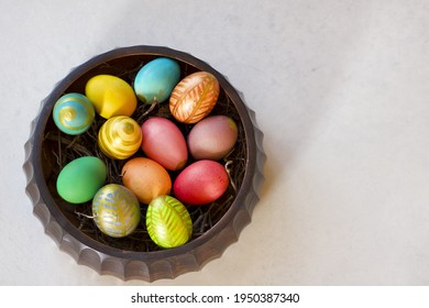 Easter Centerpiece Full Of Colored  Hen Eggs View From Above, Copy Space