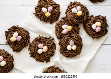 Easter Chocolate Cookies. Nests With Sweet Eggs On White Background