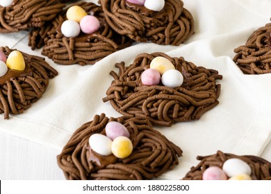 Easter Chocolate Cookies. Nests With Sweet Eggs On White Background