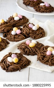 Easter Chocolate Cookies. Nests With Sweet Eggs On White Background