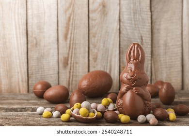 Easter chocolate egg on textured background. Easter celebration concept. Easter chocolate rabbit. Chocolate sweet eggs. Candies on textured wooden table. Space for text.Copy space. Gift. Banner. - Powered by Shutterstock