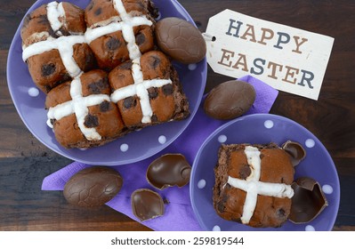 Easter Chocolate Hot Cross Buns On Dark Wood Table. 