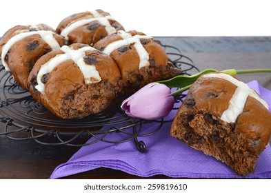 Easter Chocolate Hot Cross Buns On Dark Wood Table. 