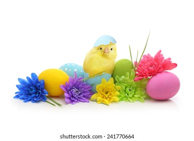 Easter colorful eggs with bunny ears isolated on white background