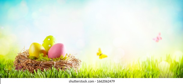 Easter composition with colorful Easter eggs in nest on green grass. Spring concept with copy space. - Powered by Shutterstock
