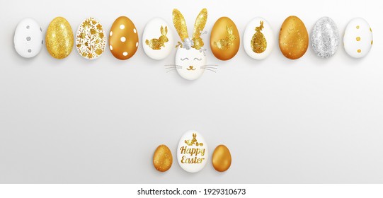 Easter composition of many shining silver, white, golden eggs on a white background. Eggs with flowers, bunnies, inscription Happy Easter. Easter mockup, big banner. Top view, close up, copy space