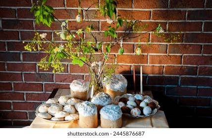 Easter composition on brick background. Happy Easter holiday celebration at home. Easter bunny hunt. Spring holiday at Sunday. Eastertide and Eastertime. Good Friday. Hunting eggs. Spring decoration.