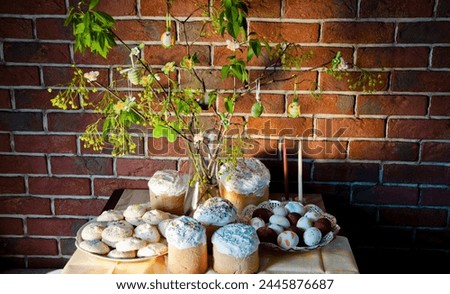 Easter composition on brick background. Happy Easter holiday celebration at home. Easter bunny hunt. Spring holiday at Sunday. Eastertide and Eastertime. Good Friday. Hunting eggs. Spring decoration.