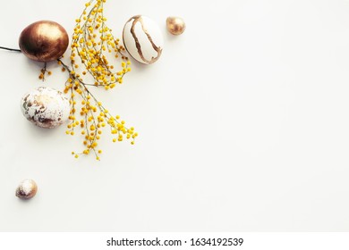 easter concept background with painted eggs on bright background