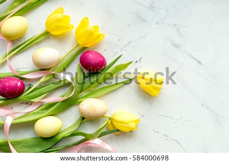 Easter concept eggs with tulip top view mock up