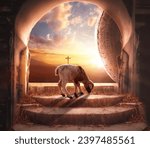 Easter concept: a lamb in Empty tomb stone with cross on  sunrise background