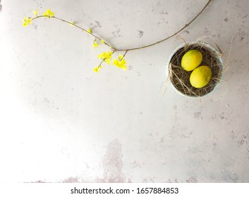 Easter Concept Picture With Yellow Flowers And Eggs. Copy Space For Greeting, Opening Hours, Menu Or Any Inspirational Message. Happy Easter Holiday!