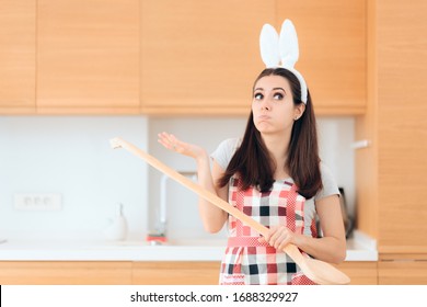 Easter Cook With Bunny Ears Thinking What To Cook. Party Host Stressed About Organizing Holiday Party 
