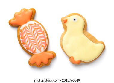 Easter Cookies Isolated On White Background. Candy And Chick. Flat Lay. Top View