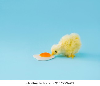 Easter creative and fun look of yellow chicken and egg on pastel sky blue background. Retro aesthetic spring or Easter concept of the 80's, 90's. Minimal holiday idea.