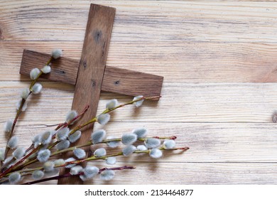 Easter Cross With Catkins On Wooden Background, Palm Sunday Religious Concept Abstract