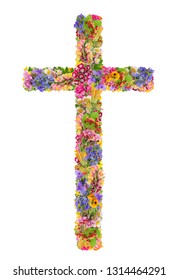 Easter Cross Of Jesus  Made From Summer  Plants And Flowers. Isolated Handmade Collage From Macro Photos.