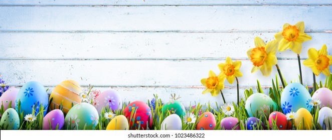 Easter - Daffodils And Eggs With Old Wooden Background 
