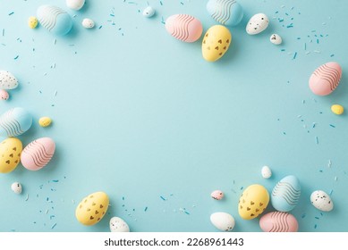 Easter decor concept. Top view photo of yellow pink blue easter eggs and sprinkles on isolated pastel blue background with blank space in the middle