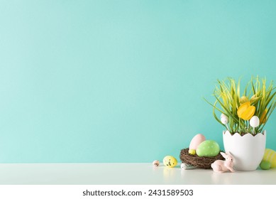 Easter decor idea. Side view shot of a table showcasing a shell-inspired vase with grass and tulips, a ceramic rabbit, and nest with vibrant eggs against a soft turquoise backdrop for text