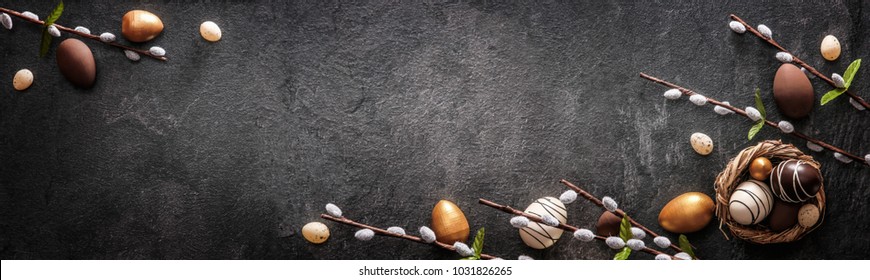 Easter Decoration With Golden Eggs on Dark Shale Background - Powered by Shutterstock