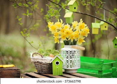 Easter decoration with spring flowers, narcissus blooms. Spring flowers in pots in the garden. Easter Sunday. Happy Easter - Shutterstock ID 373663798