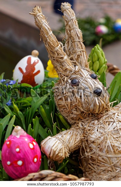 Easter Decorations Straw Bunny Basket Egg Stock Photo Edit Now