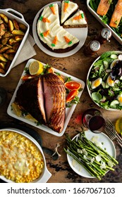 Easter Dinner Table With Ham, Asparagus And Carrot Cake