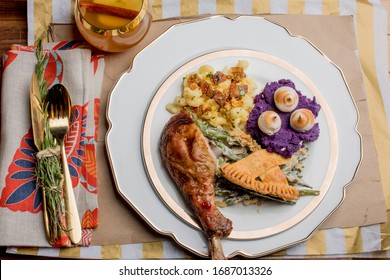 Easter Dinner. Turkey, Mashed Potatoes, Pie, Green Beans, Macaroni And Cheese, Bread And Butter. Classic American Homemade Lunch Or Dinner.