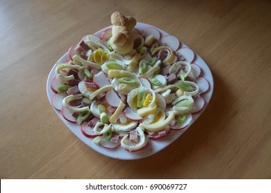 Easter Dish. Hungarian Cuisine. Eggs With Ham, Radish And Bread.