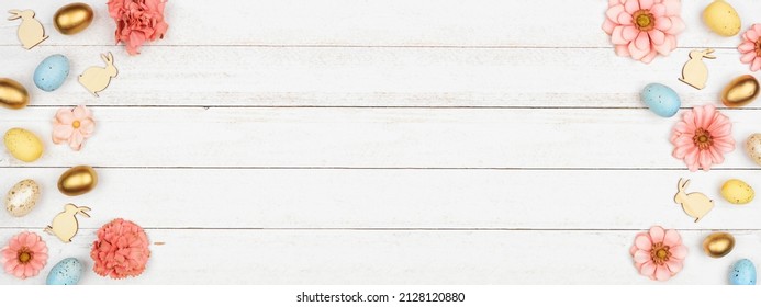 Easter Double Border With Eggs, Paper Flowers And Wooden Bunnies. Overhead View Against A White Wood Banner Background. Copy Space.