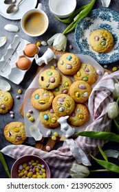 Easter Egg Cookies, American Biscuits With Chocolate Candy Mini Eggs