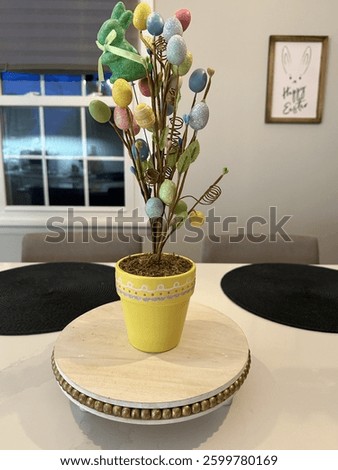 Easter Egg Decor Tree with Bunny and Happy Easter Frame with gorgeous scenic river peeking through window
