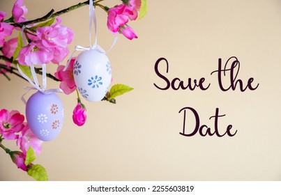 Easter Egg Decoration With Flower Bouquet, English Text Save The Date - Shutterstock ID 2255603819